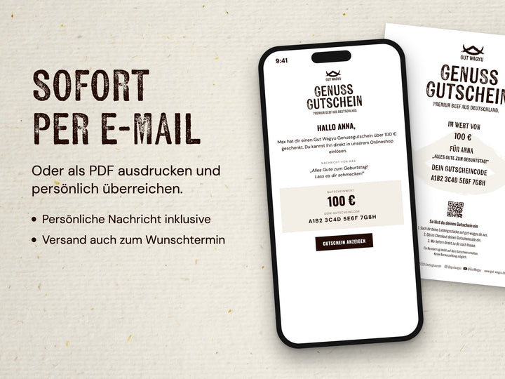 Gut Wagyu Gutschein-E-Mail auf dem Smartphone und ausgedruckter Gutschein