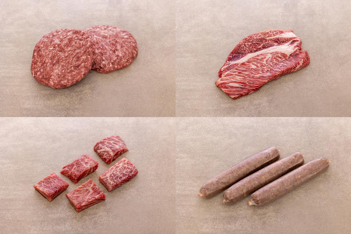 Wagyu Probierpaket von Gut Wagyu mit Burger Patties, Prime Rib, Japanese Cut, und Würstchen aus deutschem Wagyu-Rindfleisch.