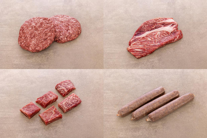 Wagyu Probierpaket von Gut Wagyu mit Burger Patties, Prime Rib, Japanese Cut, und Würstchen aus deutschem Wagyu-Rindfleisch.